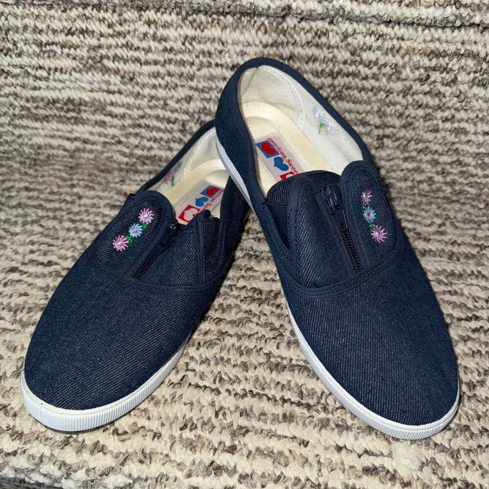 American Sweetheart Women's Blue Denim Zip Front Slip-On Sneakers